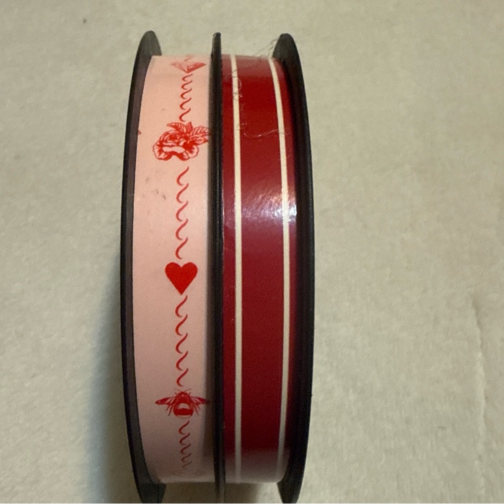 Bridgerton Ribbon Duo Pink Hearts, Red Stripe 3/8"x12', gift embellishment decor